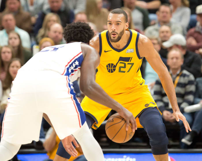 Rudy Gobert (27) guards Joel Embiid (21) during a game between the Utah Jazz and Philadelphia 76ers